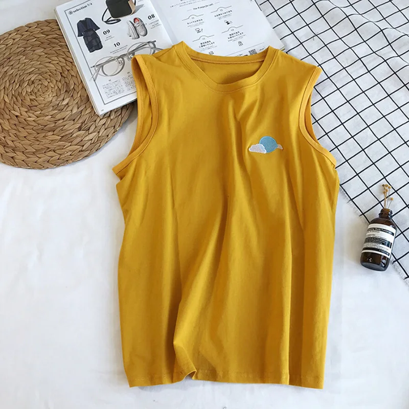 Women Tank Tops Summer Clothing Fashion Casual Loose Cotton Embroidered Moon Sleeveless Vest