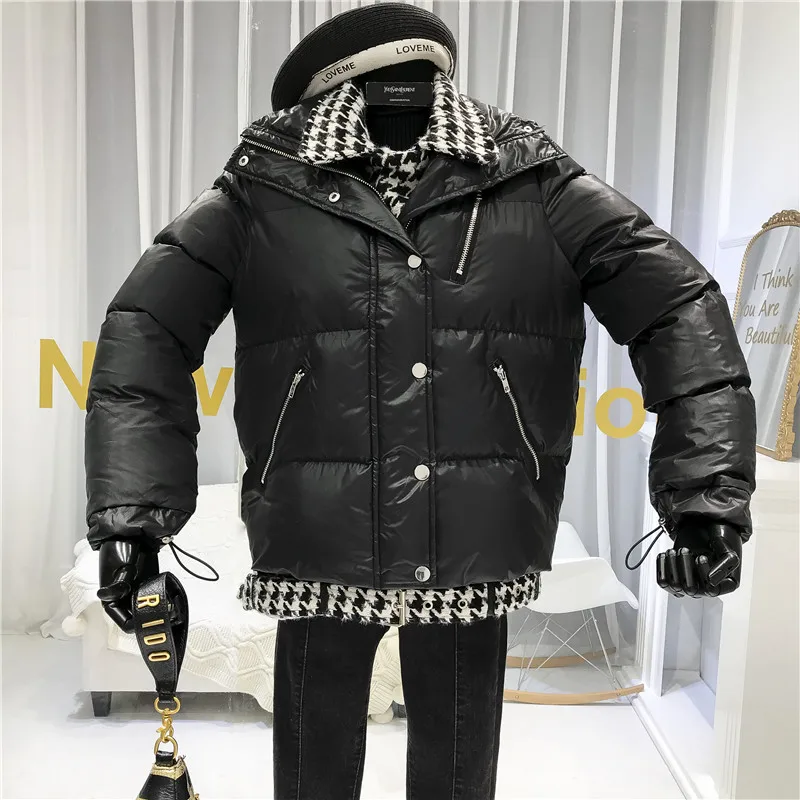 Autumn and Winter New Houndstooth Woolen Stitching Fake Two Piece Double Collar Cotton-padded Jacket Women Thick Parka Coat