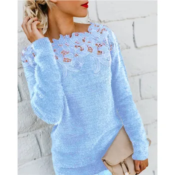 

Women's lace sweater autumn winter solid color stitching pullover elegant jumper slash neck winter clothes women sweater 5XL