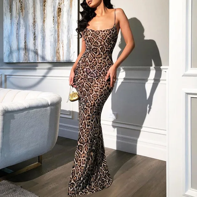 spaghetti strap leopard print maxi dress