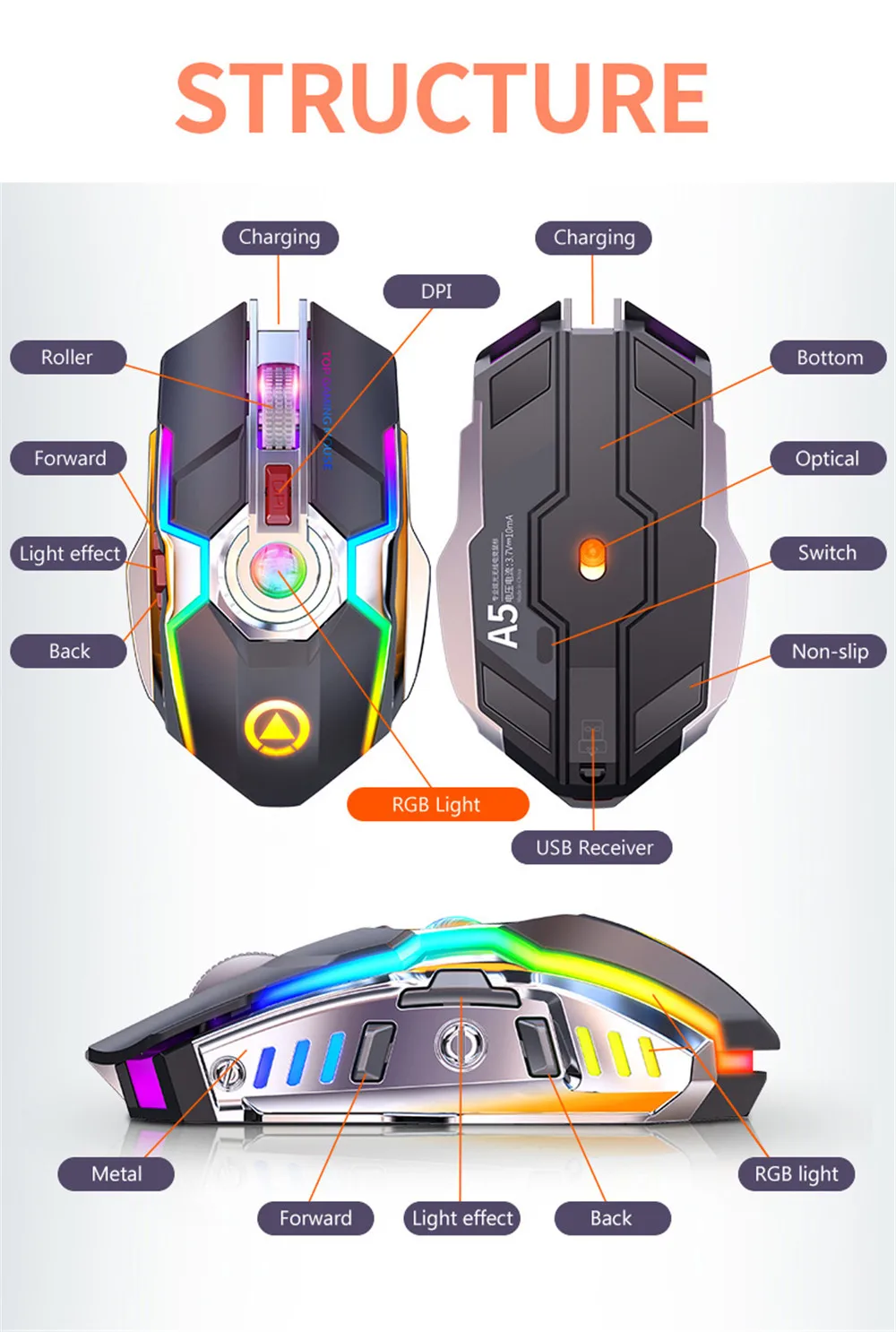 2,4G Бесшумная беспроводная мышь 1600 dpi RGB светодиодный светильник профессиональная игровая мышь для Macbook перезаряжаемая эргономичная компьютерная мышь