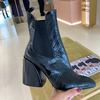 

Crocodile Chelsea Boots Chunky High Heel Ankle Boots For Women Shoes Autumn Winter Boots Women Slip On Botas Mujer Invierno 2020