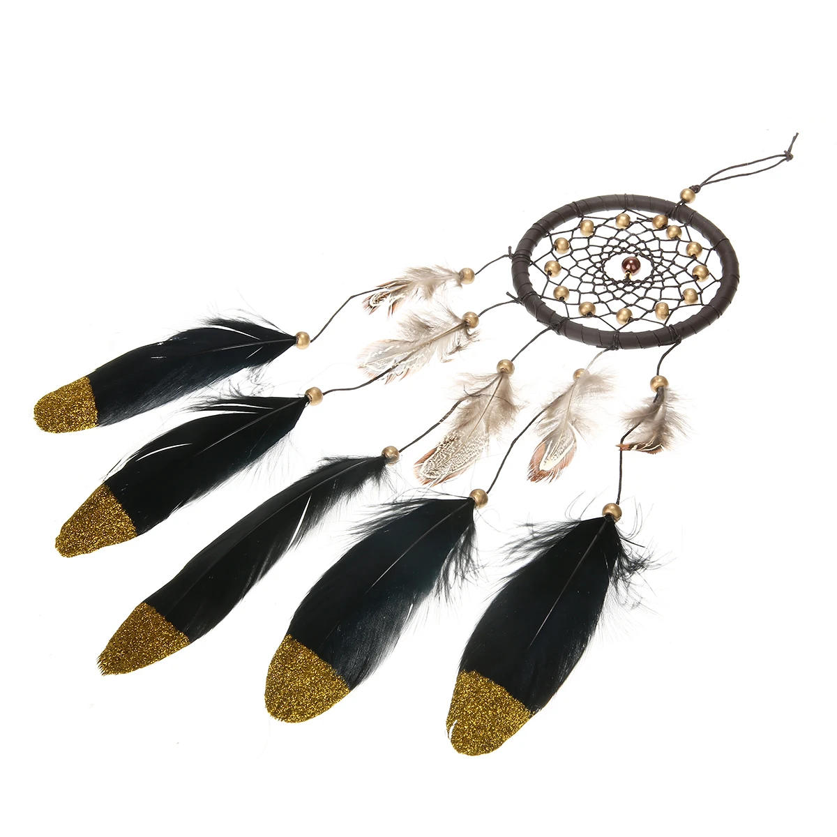 Brown Feather Crafts Golden Bead Hanging Catcher Wind Chimes Handmade Dreamcatcher Net for Wall Car Home Decor