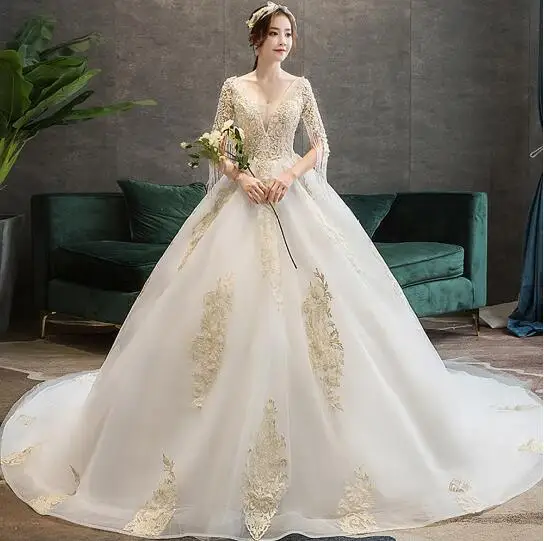 На заказ бальное платье принцессы свадебное платье Vestido De Noiva Princesa с v-образным вырезом на шнуровке Золотое вечернее платье с вышивкой бисером элегантное - Цвет: picture color