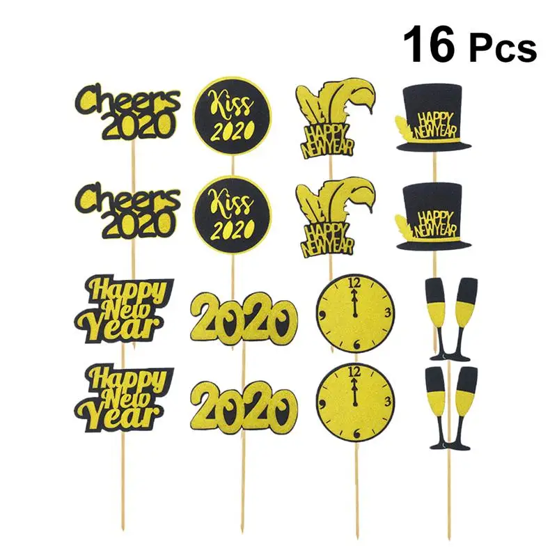 16pcs Creative Cake Toppers Happy New Year Festive Dessert Toppers Cake Picks Fruit Picks For New Year Party Festival A35
