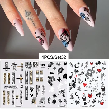 

4Pcs Harunouta Sexy Black Flower Leaves Water Decals Geometric Lines Nail Art Transfer Stickers Slider Tip Manicuring Decoration