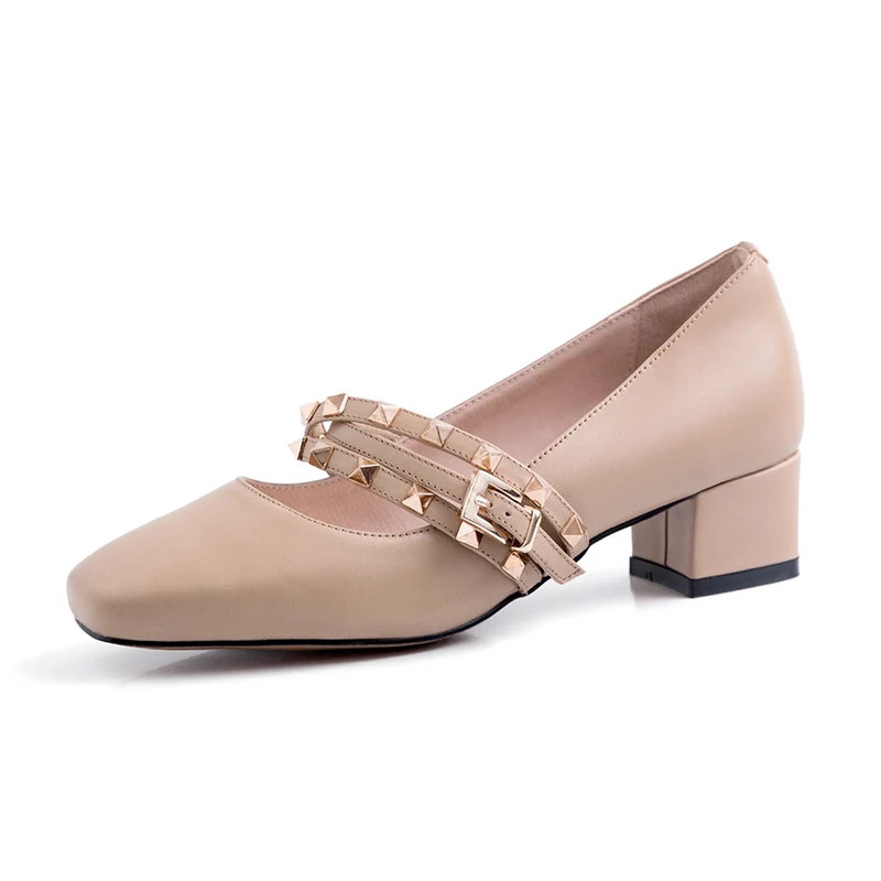 apricot British style new spring high heels shoes women's pumps genuine leather rivet Gladiator Mary Jane ladies dating shoes femme - Цвет: apricot