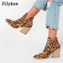 EilyKen-Botas de tacón medio de leopardo para mujer, botines informales de tacón cuadrado, sin cordones, color negro, para invierno