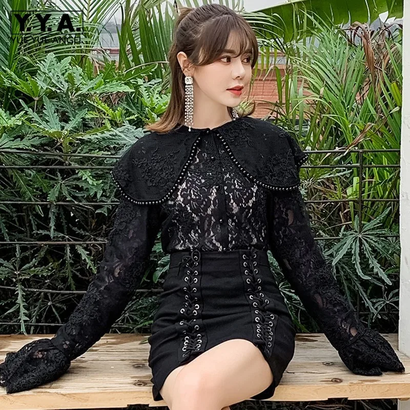 

Spring 2020 New Dress Shirt Female Slim Waist Pearl Ruffled Collar Women Sweat Fashion Long Sleeve Mesh Lace Blouse Streetwear