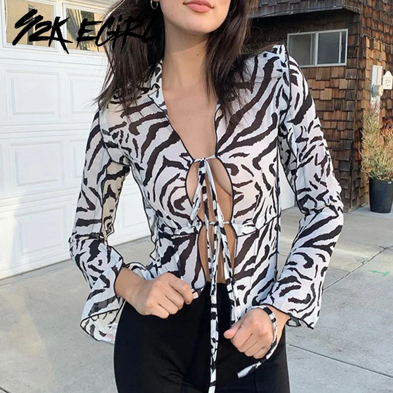 

Y2K EGIRL Aesthetics Zebra Pattern Transparents Mesh T-shirts Vintage 90s Streetwear Bandage Flare Sleeve Tops Printing Tees