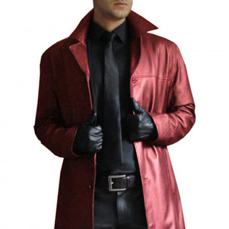 Men's Leather Trench Coat Vintage British Style Windbreaker Solid Color Slim-fit Long Jacket Plus Size S-5XL trench coat