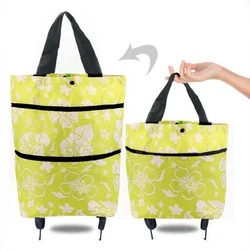 Compact Folding Reusable Shopping Trolley Bag with Wheels - Portable Food and Grocery Organizer (B Green flower)