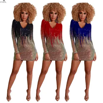 

Fashion Sexy Dresses Femme Mini Dress Long Sleeve Club Dress Elegant Bandage Bodycon Dress V-neck Clubwear Sequin Dress Vestidos