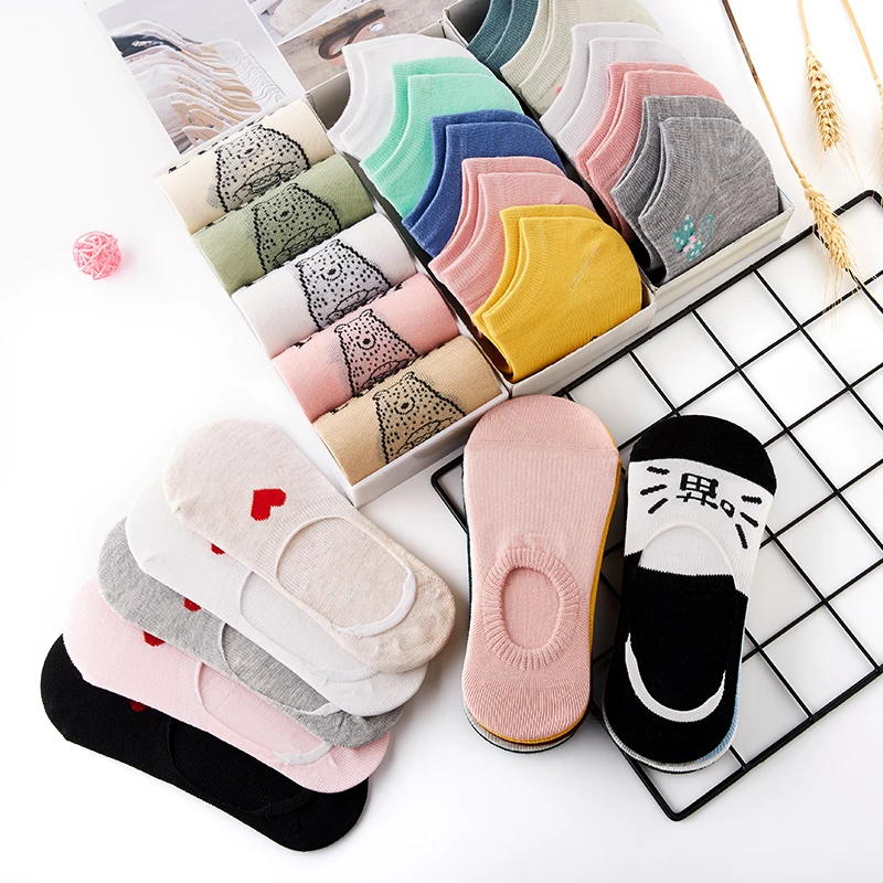 5 pairs/Lot Kawaii Women Cotton Socks Fashion Cartoon Pattern Invisible Socks Female Slipper socks Breathable Girls Boat Socks
