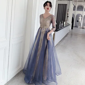 

Elegant Sequin Tulle Long Prom Evening Dresses 2019 Appliques Long Sleeves Wedding Formal party Gowns Lace Up Srobe de soiree