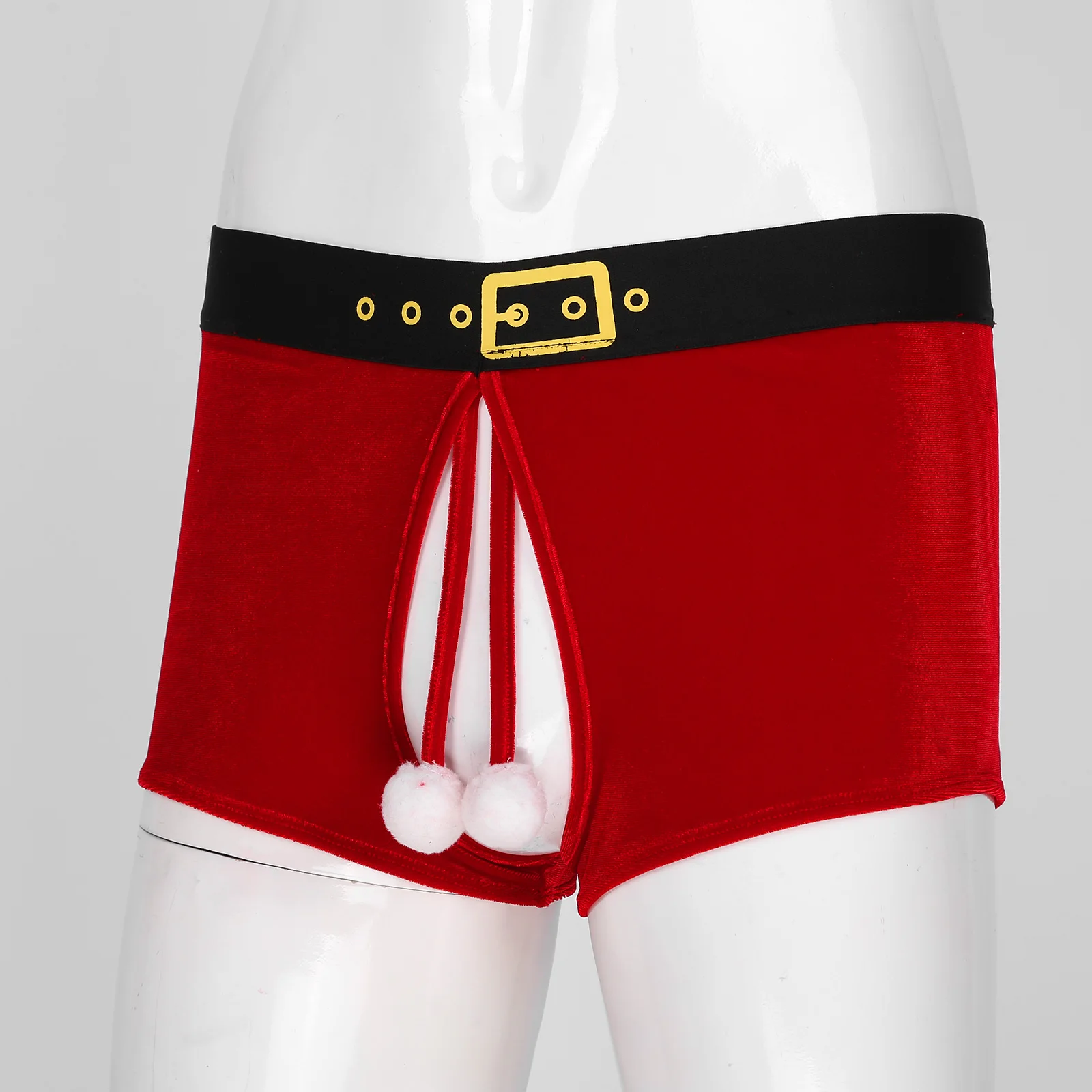 Men Christmas Velvet Panties Crotchless Boxer Shorts Fluffy Ball Sexy Lingerie Underwear Low Waist Elastic Waistband Underpants