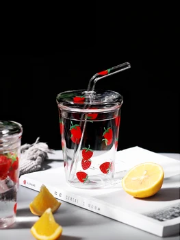 

Strawberry Glass Water Cups with Glass Straw 320ml Creative Glass with Straw Milk Juice Cup for Children Gift Girlfriend Present