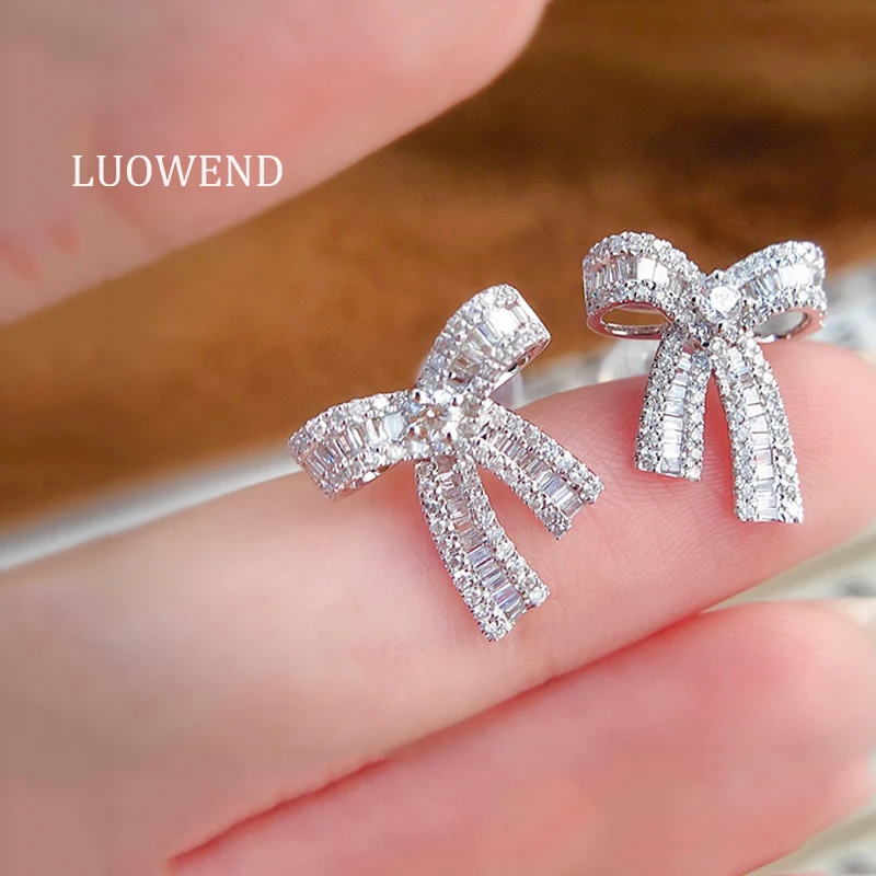 LUOWEND Real 18K Solid White Gold Stud Earrings Female Bow-knot Diamond Earring Engagement Party Jewelry Design