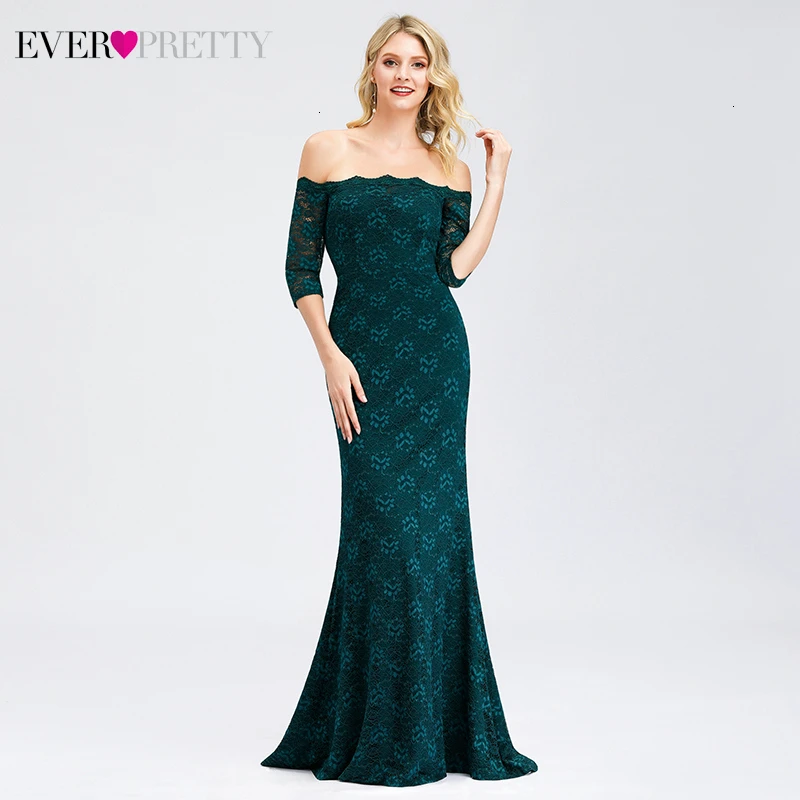 

Elegant Lace Prom Dresses Ever Pretty Mermaid Off The Shoulder Sweep Train Half Sleeve Floral Evening Party Gowns Gala Jurken