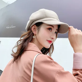 

New Octagonal Hats Ladies Warm Wool Knit Female Autumn Winter Colorblock Beret Hat Party Retro British Style Women Birthday Gift