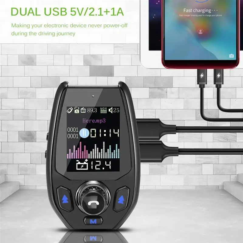 1.8 Inch Color Screen Dual USB Port Modulator Vehicle Adapter AUX Port Bluetooth FM Transmitter Car Charger Kit