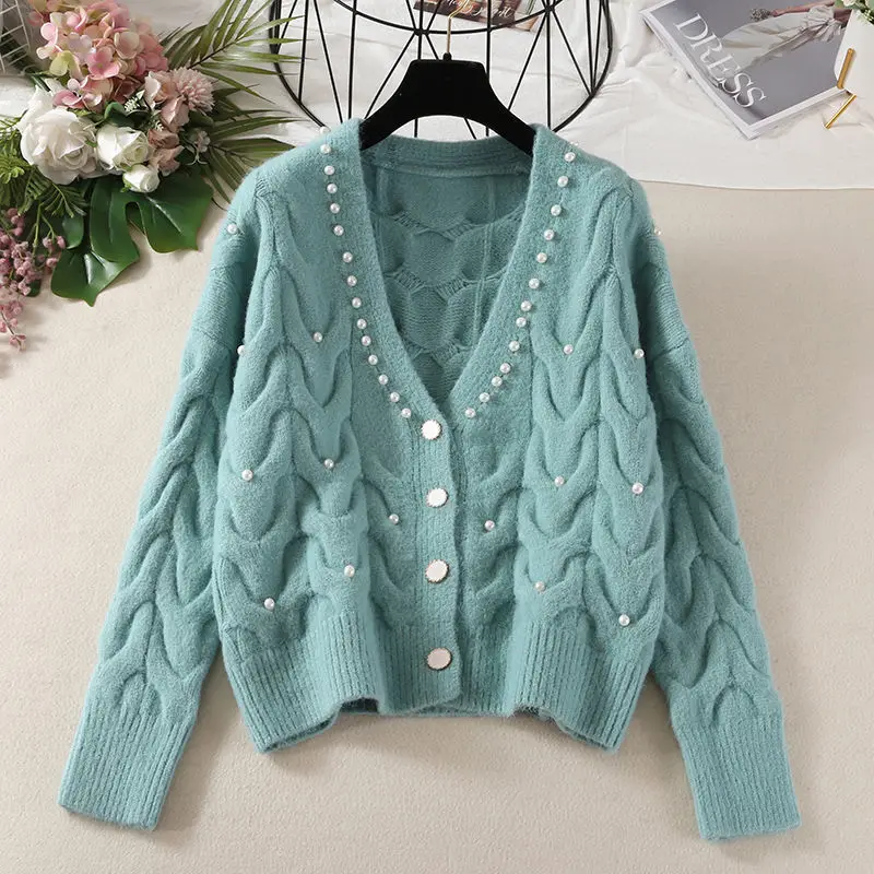 

Blue Pearl Girl Women Knitted Cardigans Sweater Fashion Long Sleeve Loose Coat Casual Cloth Button Thick Lady Solid Tops Clothes