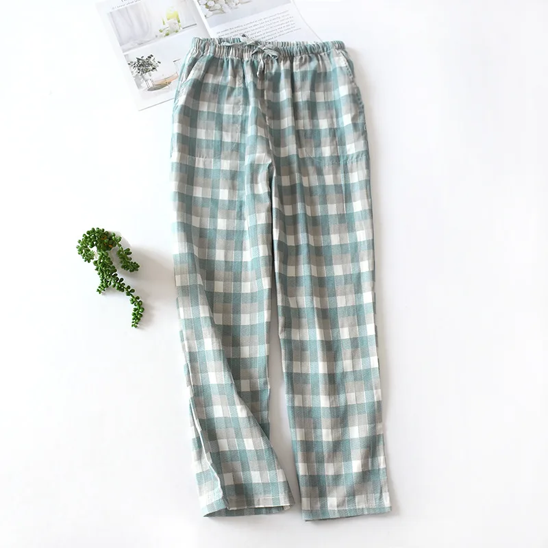 2020 New Spring and Autumn Couple Pijama Pants Cotton Plaid Gauze Men and Women Home Pants Elastic Waist Plus Size Sleep Wear