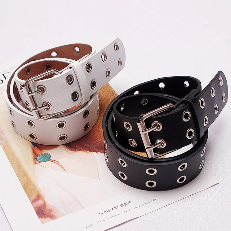 New PU Belt Womens Punk Chain Fashion Adjustable Black Double Eyelet Grommet Leather Buckle Belt For Women Vintage Belts