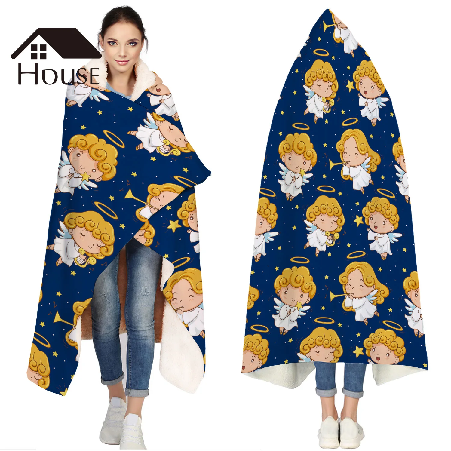 

Christmas Angel Pattern On Dark Background Portable Wearable Fluffy Custom Hooded Blanket Fleece Hooded Throw Wrap Bed Blanket