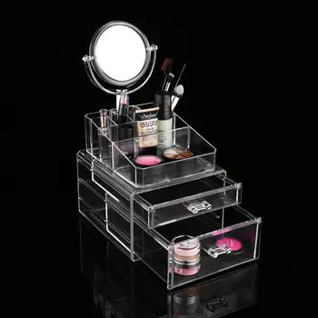 

Cosmetic Storage Box Drawer Acrylic Makeup Display Organizer Transparent with Two Sided Mirror