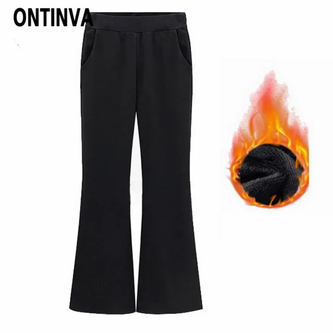 Black with Fleece Зимние женские брюки большого размера с завышенной талией, расклешенные брюки, женские теплые флисовые расклешенные брюки, широкие брюки, черные женские весенние брюки - Цвет: Black with Fleece