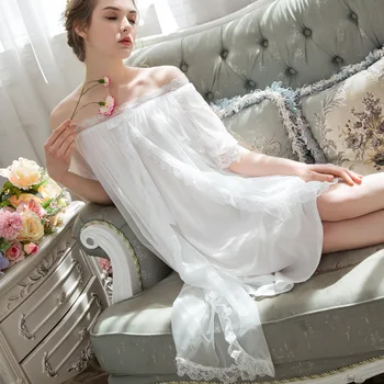 

Summer Short Sleeve Palace Princess Night Gown Round Neck Sweet Lace Gauze Modal Nightgown Women Sexy Sleepwear Elegant Skirt