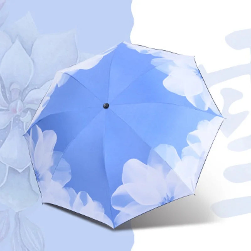 Three-folding  Rainy Umbrella Anti-UV Rainproof Umbrellas Sun Protection Parasol Blue Sky White Clouds Printed Sun Female