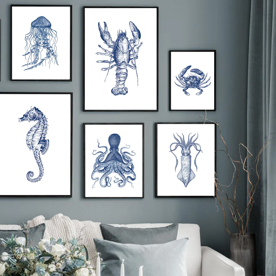 海の生物タコクラゲタツノオトシゴふぐ壁アートプリントキャンバスの絵画北欧ポスター海ビーチ装飾写真リビングルーム Aliexpress ホーム ガーデン