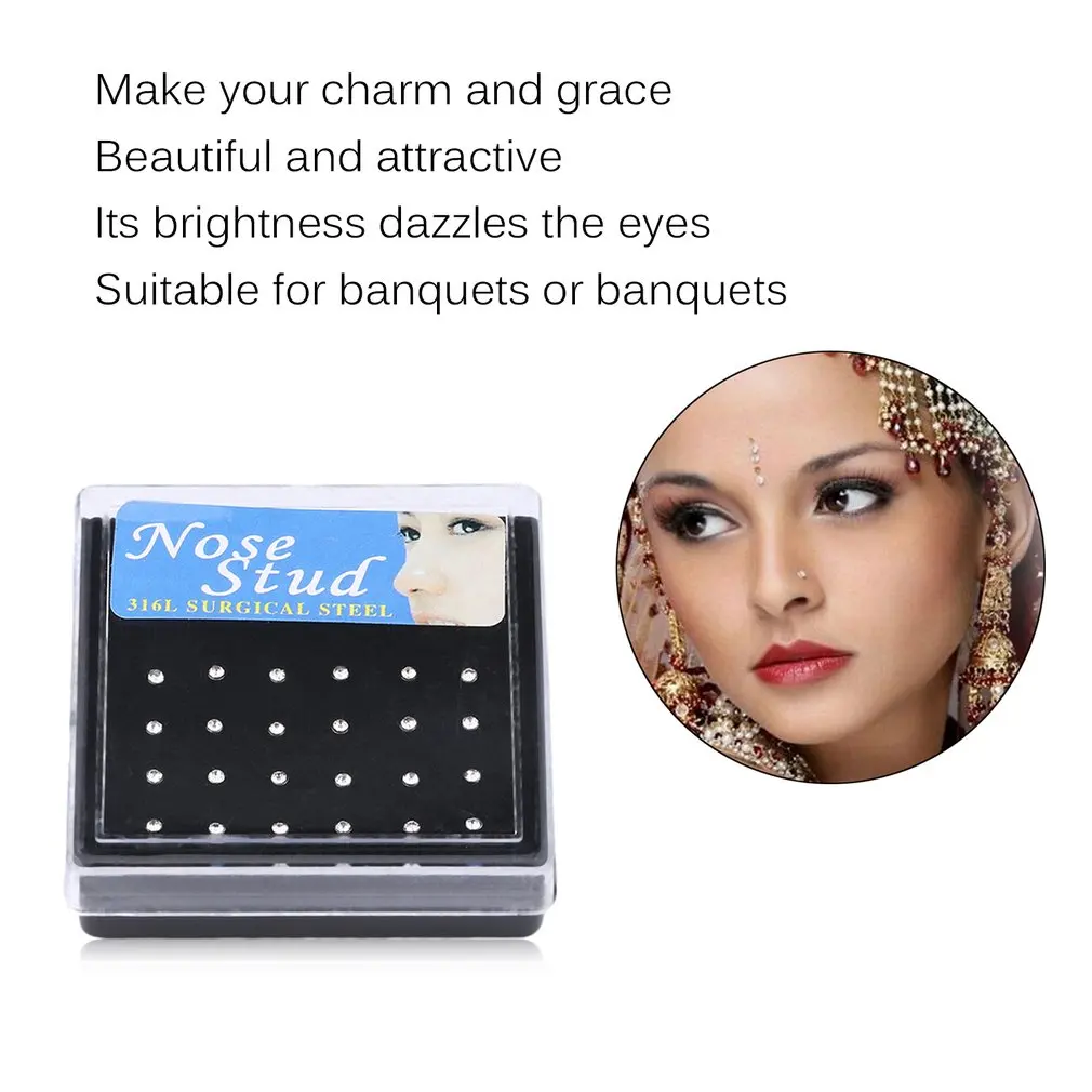 24pcs/pack Stainless Steel Rhinestone Nose Piercing Stud Straight Pins Bars Fashion Body Jewelry