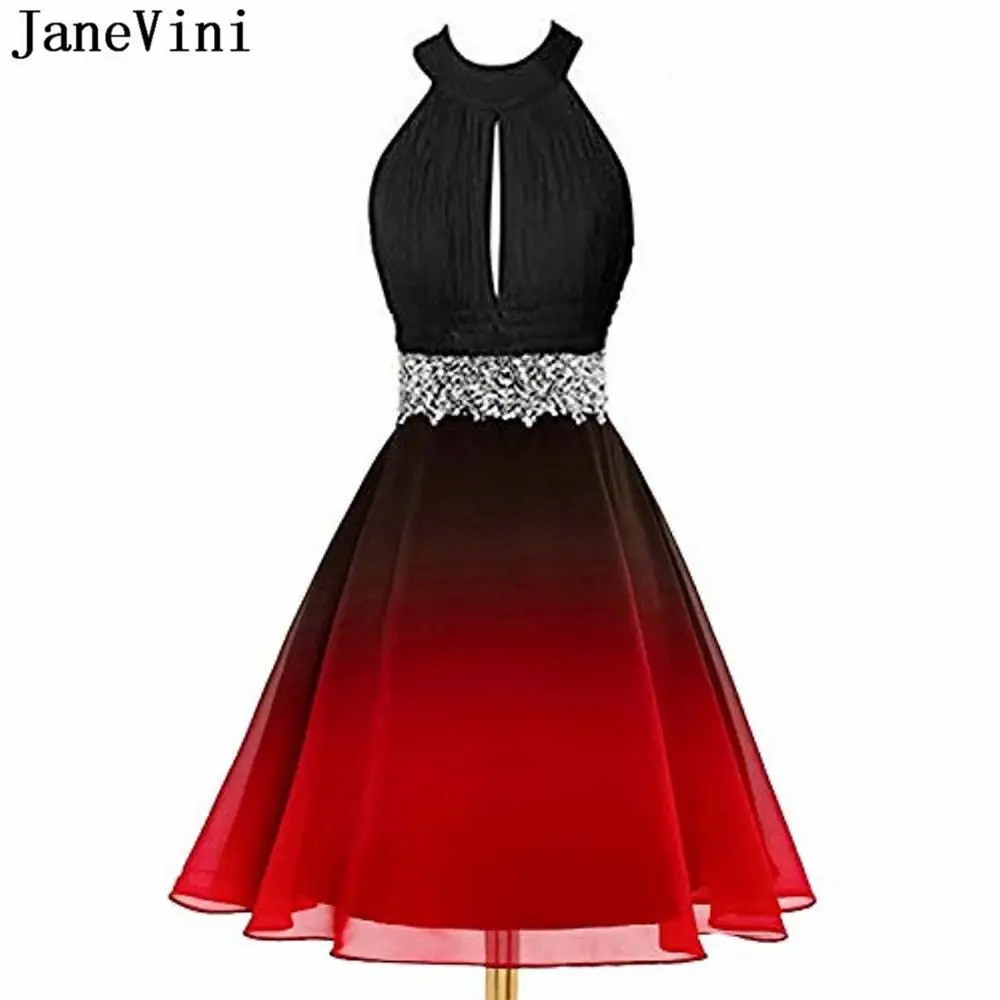 

JaneVini 2020 Gradient Color Cocktail Party Dress Chiffon Beaded Backless Short Dresses Red robe coktail femme elegante courte