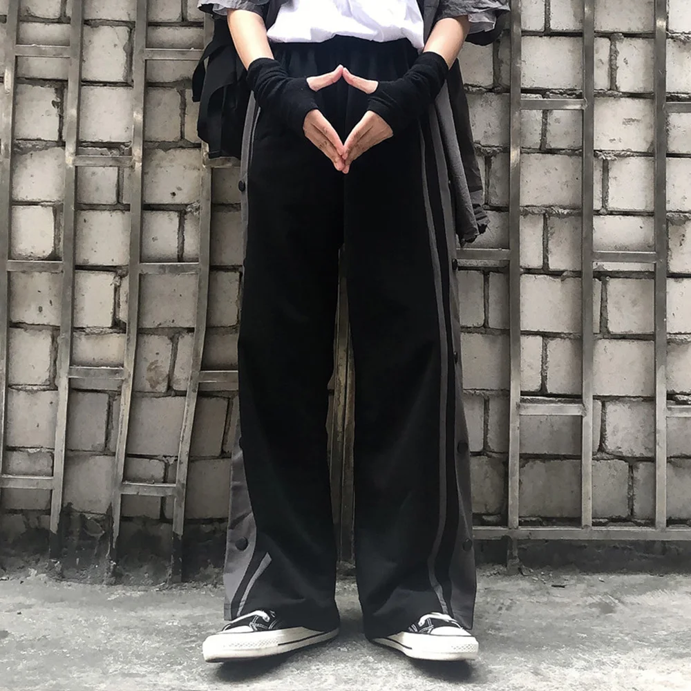 

22020 Trendy Wide Leg Casual Pants Women Gothic Striped Patchwork Buttons Sweatpants Japanese Korean Style Black Trouser Fall