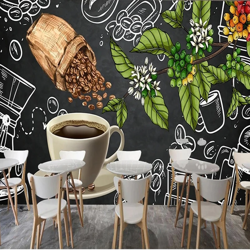 Papel de Parede Mural 3d Personalizado para Wall Decor Café Feijão Frutas Cartaz Quadro-negro Restaurante Café Bebida Bar