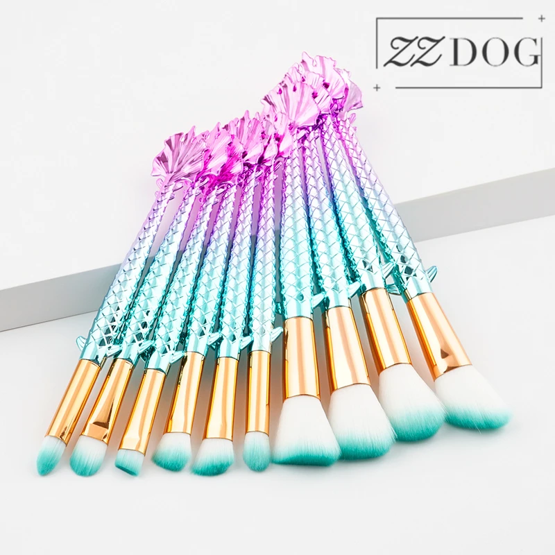 

ZZDOG 7pcs Mermaid-Theme Makeup Brushes Set Cosmetic Powder Eyeshadow Concealer Brush Fish Scale Spiral Handle Beauty tools