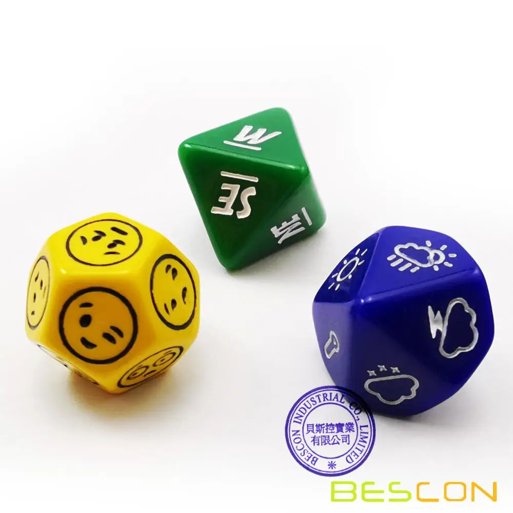 Bescon es emoción tiempo dirección y juego de dados 3 pieza propiedad poliédrico juego de dados de juego de rol en azul verde amarillo