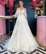 

Wedding Dress Light Champagne 2021 new Sweetheart Floor Length Point Net Tulle Off Shoulder A-Line Bridal Gowns Robe De Mariee
