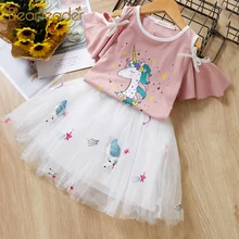 Bear leader/комплекты одежды для девочек платье принцессы футболка для девочек с героями мультфильмов, рукавами и надписью+ юбка с вышивкой с героями мультфильмов комплект из 2 предметов, платье для девочек