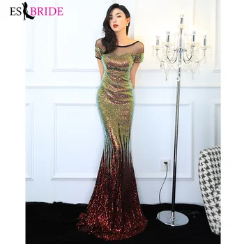 

Luxury Saudi Arabia Evening Dresses ES3176 Mermaid Sequined Round Neck Short Sleeves Sparkle Formal Gowns Abendkleider 2020