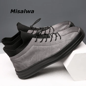 

Misalwa High-top Men Suede Leather Casual Sneakers Classic Elastic Sock Shoes Leisure Daily Footwear Men Gray Black Loafers