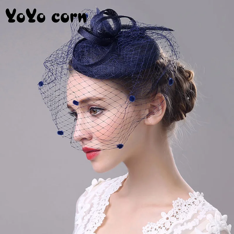 YOYOCORN, американские свадебные женские шляпки для невесты, элегантные льняные большие сетчатые Ретро шляпки, цветочные банкетные женские аксессуары для волос - Цвет: Синий
