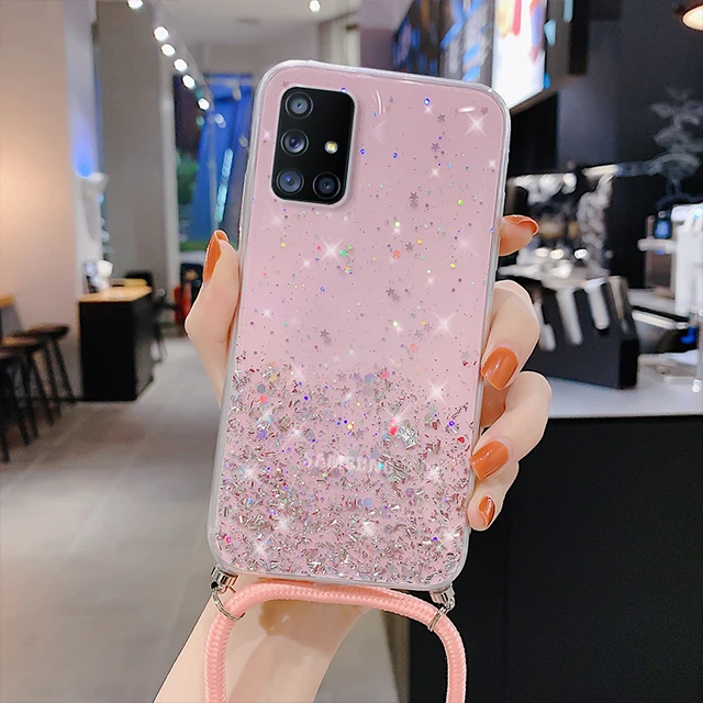 With Neck Strap Rope Cord Clear Glitter Case For Samsung S20 FE A51 A50 A71 A52 A72 A21S A31 A70 S21 Ultra S10 Plus M52 A12 A32 Pink