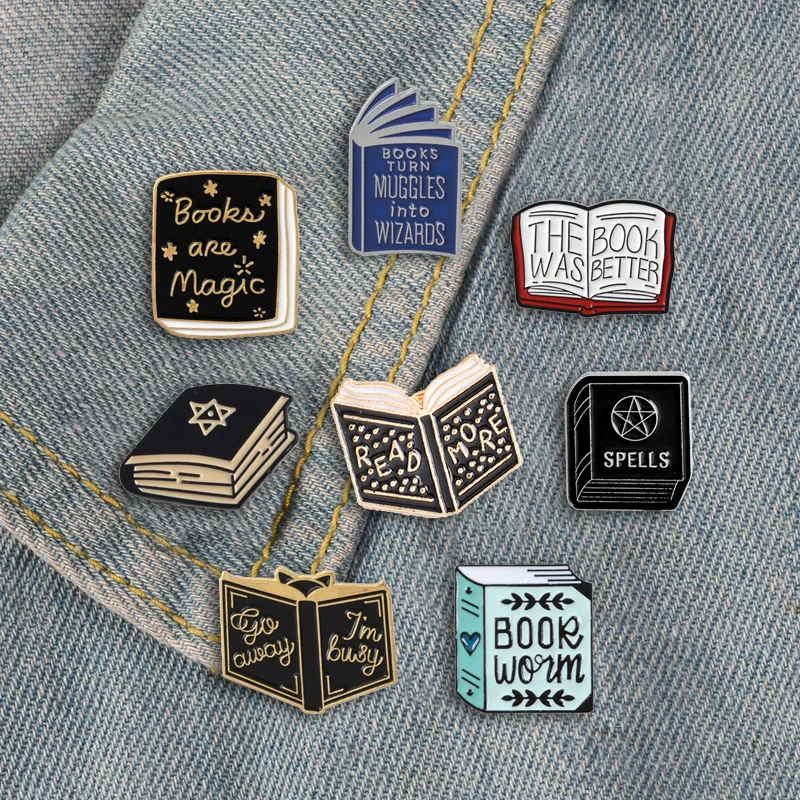 

8 pcs Books pin Spells Magic book brooches enamel pins badges Read more Don't be a Muggle lapel pins clothes bag Jewelry gifts