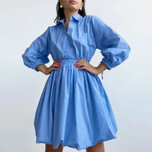 

Autumn Women V Neck Lantern Sleeve Slim Elastic Waist Ball Gown Dress