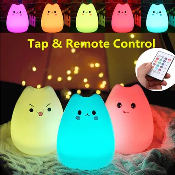 

Silicone Touch Sensor LED Night Light for Children Baby Kids 7 Colors 2 modes Cat Remote Control Rechargeable USB LED Night Lamp