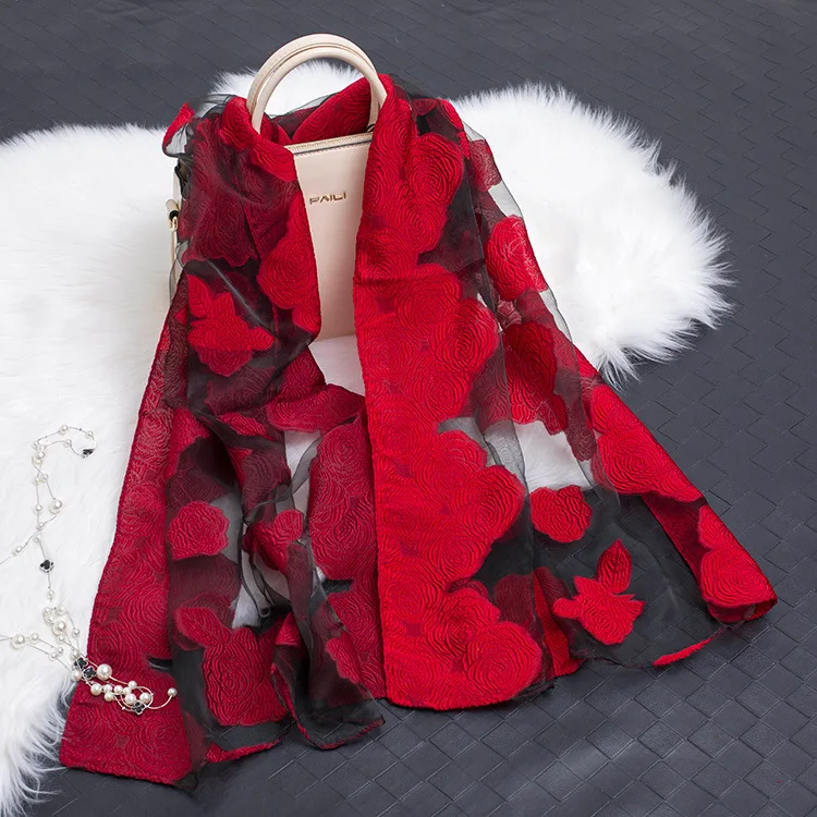 

2019 New Womens Summer Beach Shawl Breeze Soft Thin Lightweight Sheer Wrap Organza Gauze Rose Flower Scarf Gift